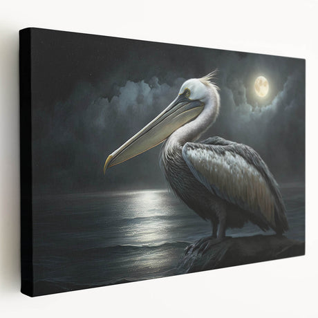 Stretched canvas wall art showcasing a serene pelican design in soft blues and whites, perfect for coastal home decor, enhancing any living space with elegance.