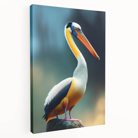 Stretched canvas wall art featuring a side view of a colorful pelican design, showcasing vibrant hues of blue and orange, perfect for coastal decor enthusiasts.