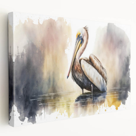 Stretched canvas wall art showcasing a vibrant pelican design in bold colors, ideal for coastal-themed decor, highlighting nature's beauty in a serene setting.