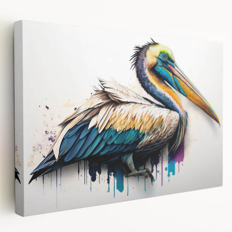 Colorful wall art featuring a side view of a pelican design, printed on stretched canvas, ideal for enhancing home decor with coastal vibes. Perfect for bird lovers.