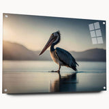 Side view of a pelican-themed wall art piece, crafted from acrylic glass, showcasing vibrant colors and intricate details, mounted with decorative pins for an elegant presentation. Perfect for enhancing coastal or nature-inspired home decor.