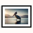 Framed wall art featuring a stylized pelican design on a black mat, ideal for coastal decor. The artwork showcases vibrant colors and intricate details, enhancing any living space.