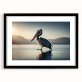 Framed wall art featuring a stylized pelican design on a black mat, ideal for coastal decor. The artwork showcases vibrant colors and intricate details, enhancing any living space.