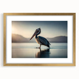Framed wall art featuring a stylish gold mat and an elegant pelican design, perfect for enhancing home decor with a coastal theme. Ideal for bird lovers.