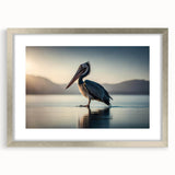 Framed wall art featuring a pelican design, set in a sleek silver frame with matting, perfect for coastal decor enthusiasts looking to enhance their spaces.