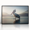 Framed wall art featuring a striking pelican design on a black background, showcasing vibrant colors and intricate details, perfect for coastal home decor.
