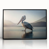 Framed wall art featuring a striking pelican design on a black background, showcasing vibrant colors and intricate details, perfect for coastal home decor.