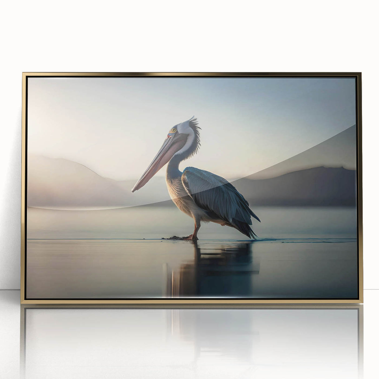 Framed wall art featuring a pelican design in gold-acrylic, showcasing intricate details and vibrant colors, perfect for coastal-themed decor.