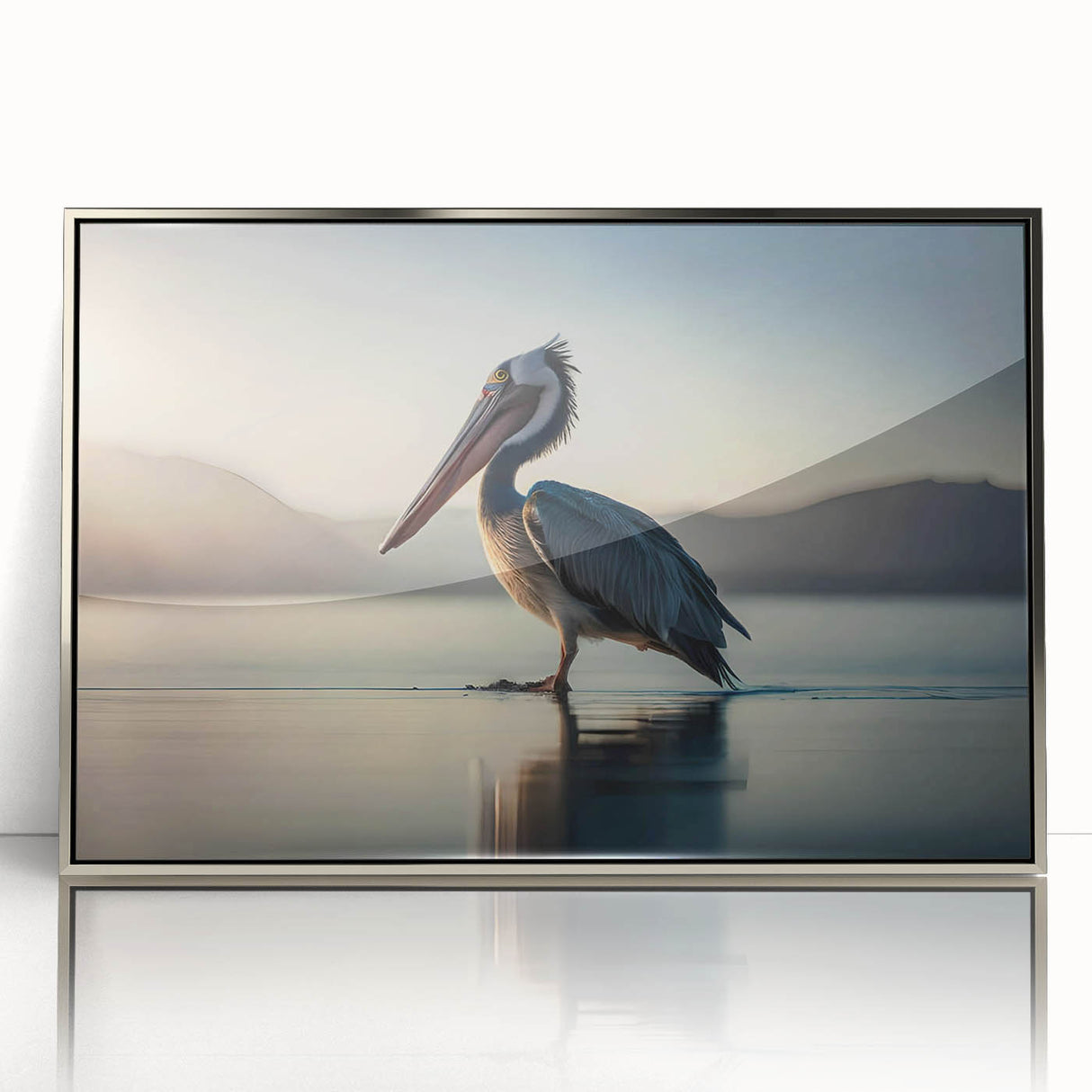 Framed wall art featuring a silver-acrylic design of a pelican, showcasing intricate details and vibrant colors, perfect for enhancing coastal decor. Ideal for bird lovers or as a stylish home accent.