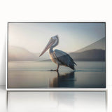 Framed wall art showcasing a pelican design in vibrant colors, set against a white background. Ideal for coastal decor, adding a serene seaside vibe to any room.