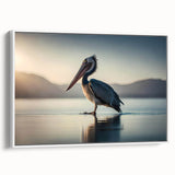 Framed canvas wall art featuring a side view of a pelican design, showcasing intricate details and vibrant colors against a white background, perfect for coastal decor.