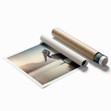 Rolled print of a colorful pelican design featuring intricate details and vibrant hues, perfect for coastal-themed decor, packaged securely for delivery.