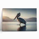 Stretched canvas wall art featuring a vibrant pelican design in shades of blue and orange, elegantly leaning against a neutral wall, perfect for coastal home decor.