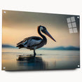 Acrylic wall art collection featuring a side view of a pelican design, elegantly displayed with pins for mounting, showcasing vibrant colors and intricate details. Ideal for nature-inspired decor enthusiasts.