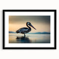 Framed wall art featuring a stylish pelican design, set in a sleek black frame with a white mat, perfect for modern home decor and bird enthusiasts.