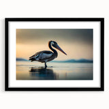 Framed wall art featuring a stylish pelican design, set in a sleek black frame with a white mat, perfect for modern home decor and bird enthusiasts.