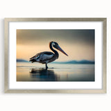 Framed wall art featuring a silver mat and a detailed pelican design, showcasing vibrant colors and intricate patterns, perfect for coastal-themed decor.