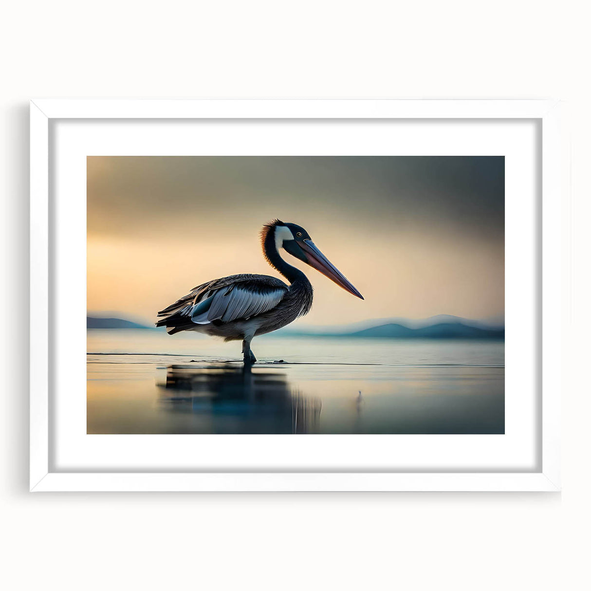 Framed wall art featuring a pelican design in vibrant colors, set against a white mat, perfect for coastal-themed home decor. Ideal for bird lovers and nature enthusiasts.