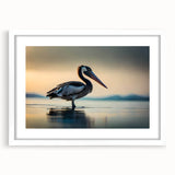 Framed wall art featuring a pelican design in vibrant colors, set against a white mat, perfect for coastal-themed home decor. Ideal for bird lovers and nature enthusiasts.