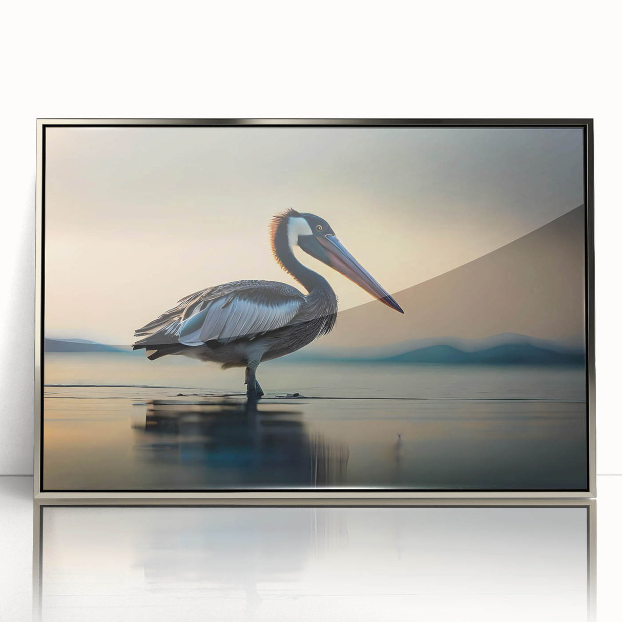 Framed wall art featuring a contemporary pelican design in silver acrylic, showcasing vibrant colors and intricate details, ideal for modern home decor.