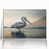 Framed wall art featuring a stylish pelican design in an elegant white frame, showcasing vibrant colors and intricate details that enhance modern home decor.