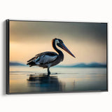 Framed wall art featuring a side view of a pelican design on a black canvas, showcasing intricate details and vibrant colors, perfect for coastal-themed decor.