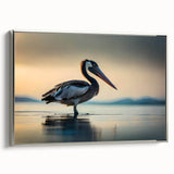 Framed canvas wall art showcasing a side view of a silver pelican design, featuring intricate details and a modern aesthetic, perfect for coastal decor lovers.