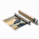 Pelican-themed wall art print featuring vibrant colors and intricate details, rolled for easy shipping in a protective cardboard tube. Ideal for coastal decor.