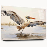 Acrylic wall art showcasing a vibrant pelican design, displayed in a side view with decorative pins, perfect for enhancing modern home decor.
