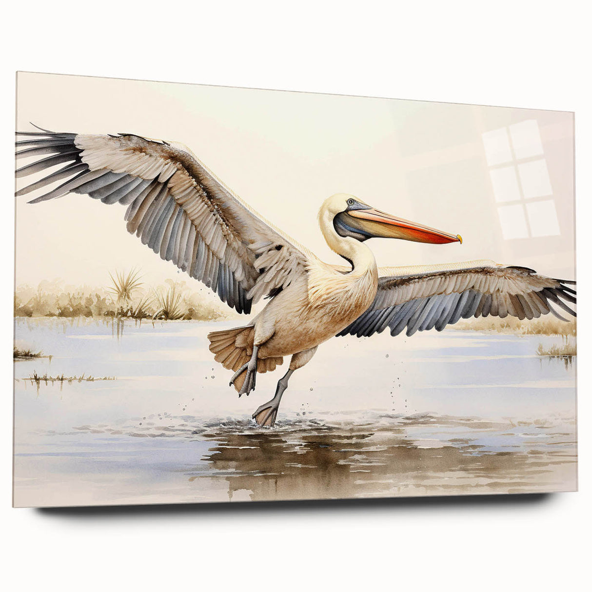 Pelican design wall art collection displayed in acrylic glass, showcasing vibrant colors and intricate details, perfect for modern home decor and nature lovers.
