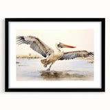 Framed wall art featuring a minimalist pelican design in black and white, displayed with a mat for added depth, ideal for contemporary home decor.