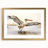 Framed wall art collection featuring a gold mat and a striking pelican design, showcasing vibrant colors and intricate details, perfect for coastal decor.