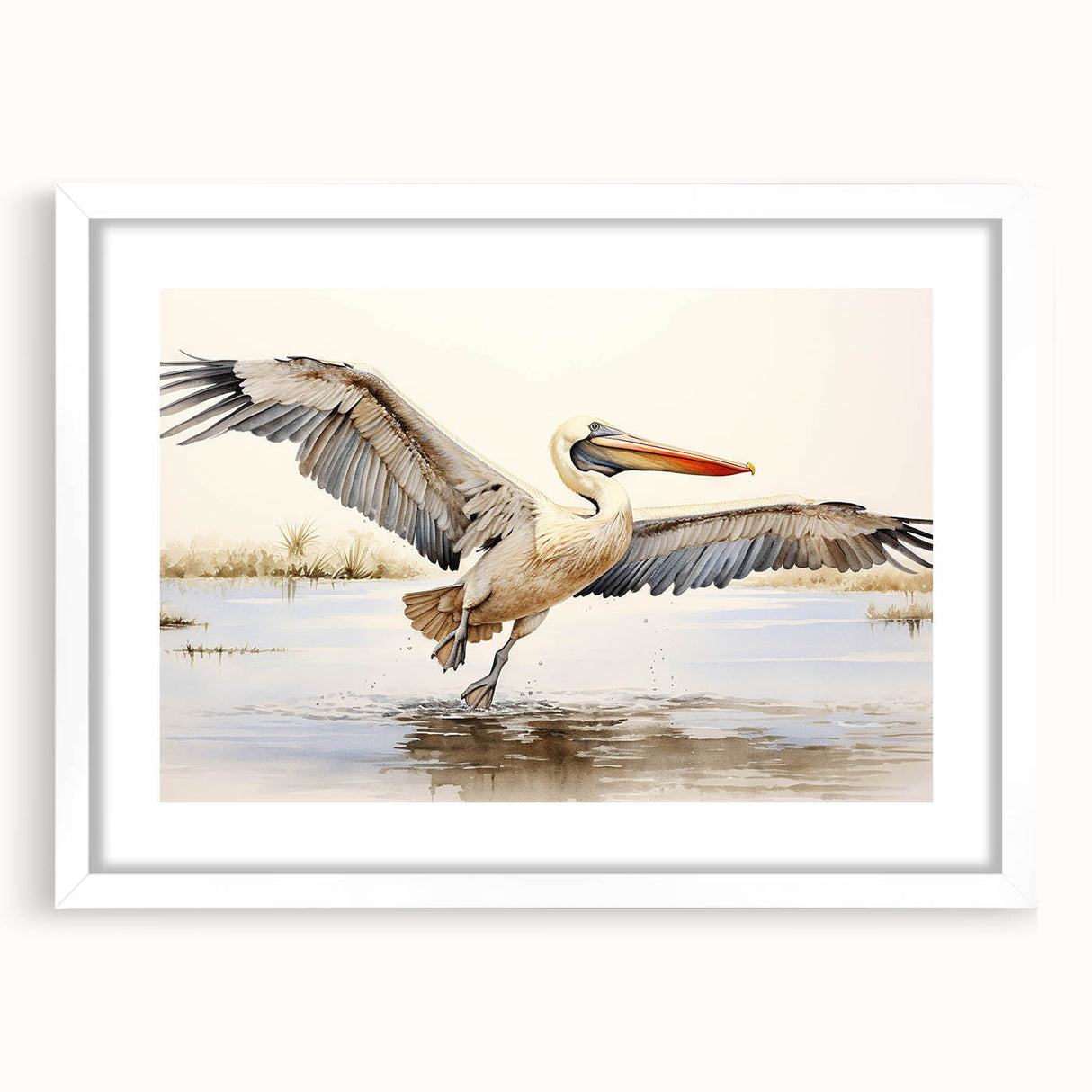 Framed wall art showcasing a serene pelican design in a minimalist style, featuring a white mat and sleek black frame, perfect for coastal decor enthusiasts.
