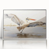 Framed wall art collection featuring a pelican design, presented in a sleek white frame with an acrylic front, perfect for coastal-themed decor.