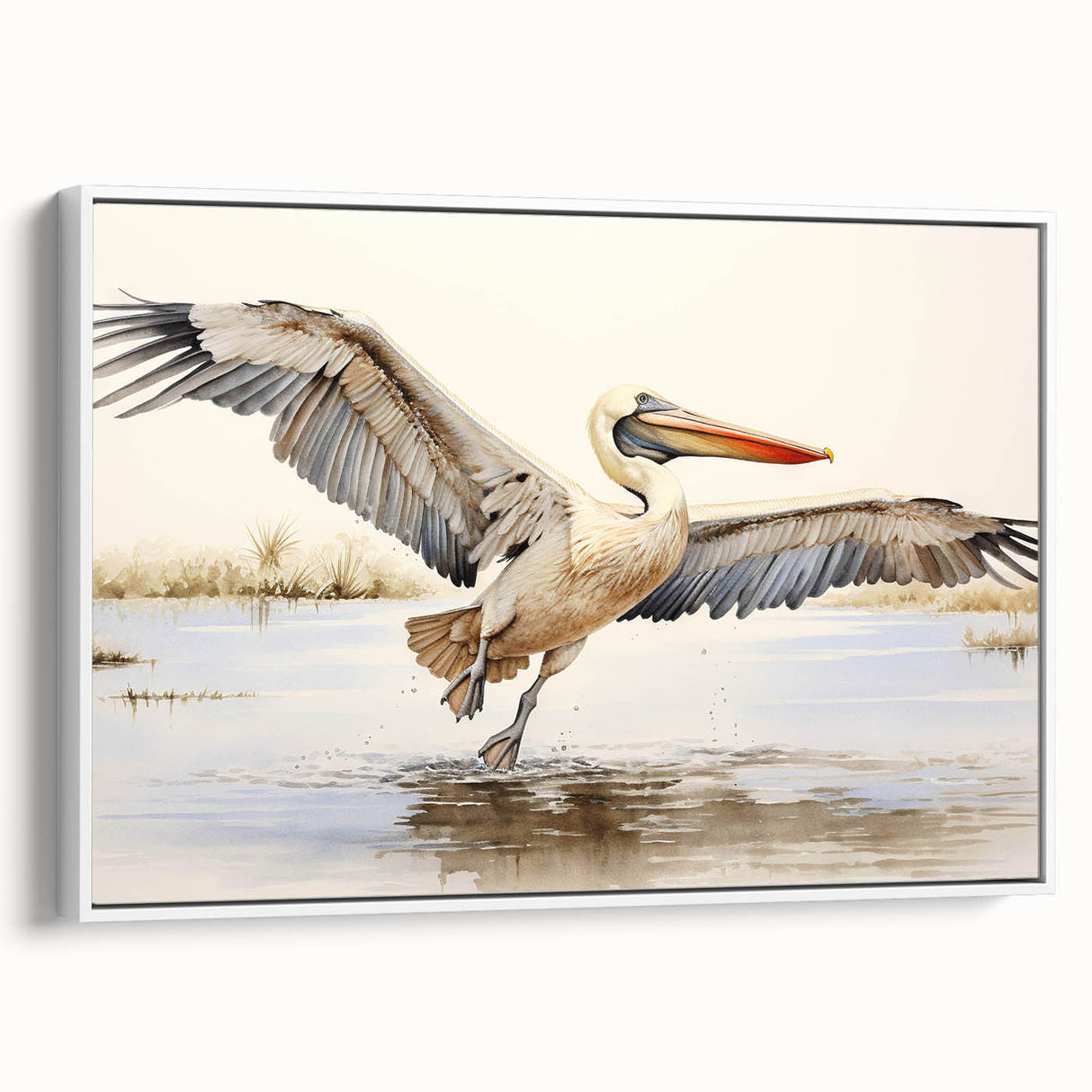 Framed canvas wall art featuring a side view of a pelican design, showcasing vibrant colors and intricate details, perfect for coastal-themed decor.