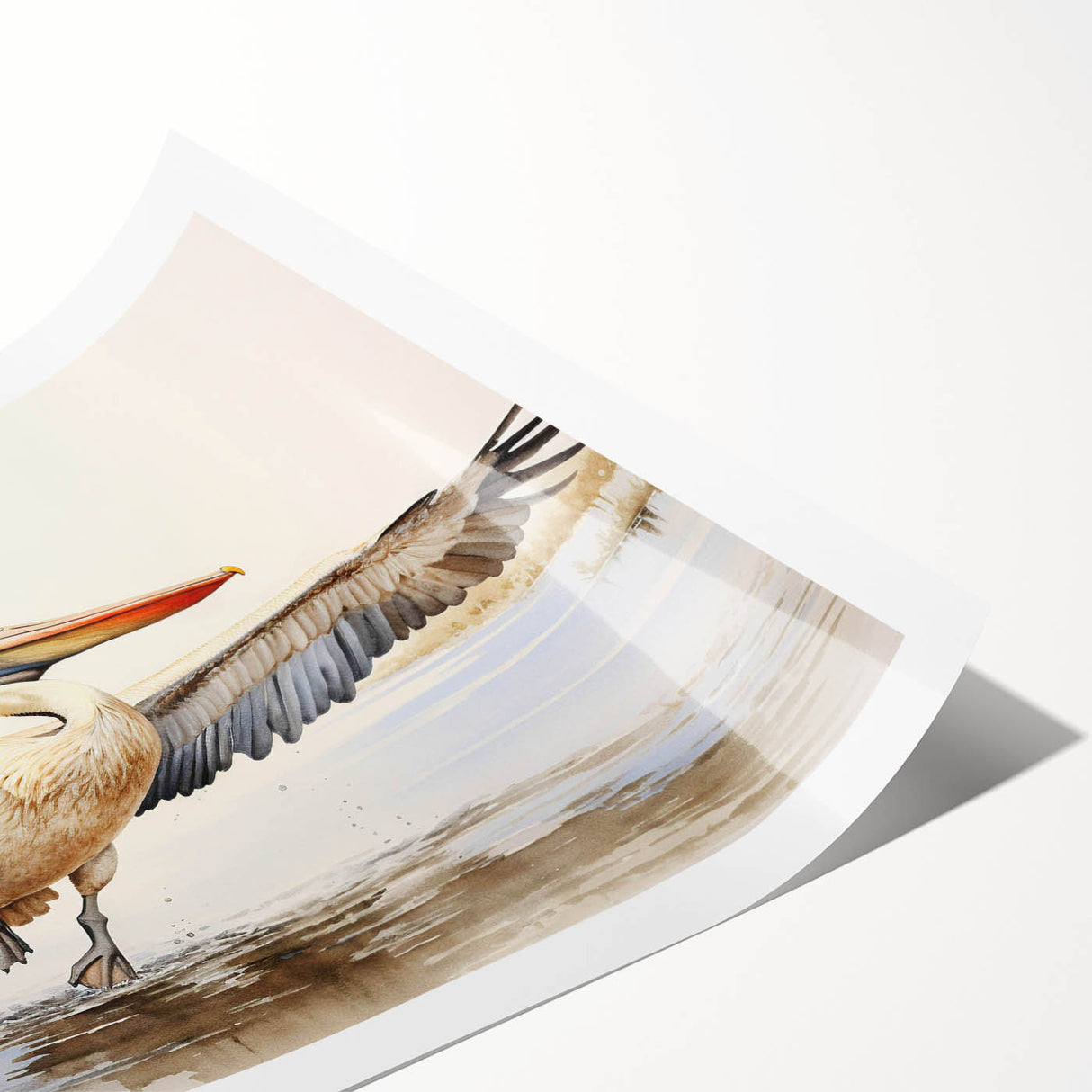 Colorful pelican wall art print showcasing a vibrant design with intricate details, perfect for coastal-themed decor. The rolled print is ready for framing or display.