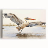 Colorful pelican wall art design on stretched canvas, showcasing vibrant blues and yellows with intricate details, perfect for coastal-themed decor.