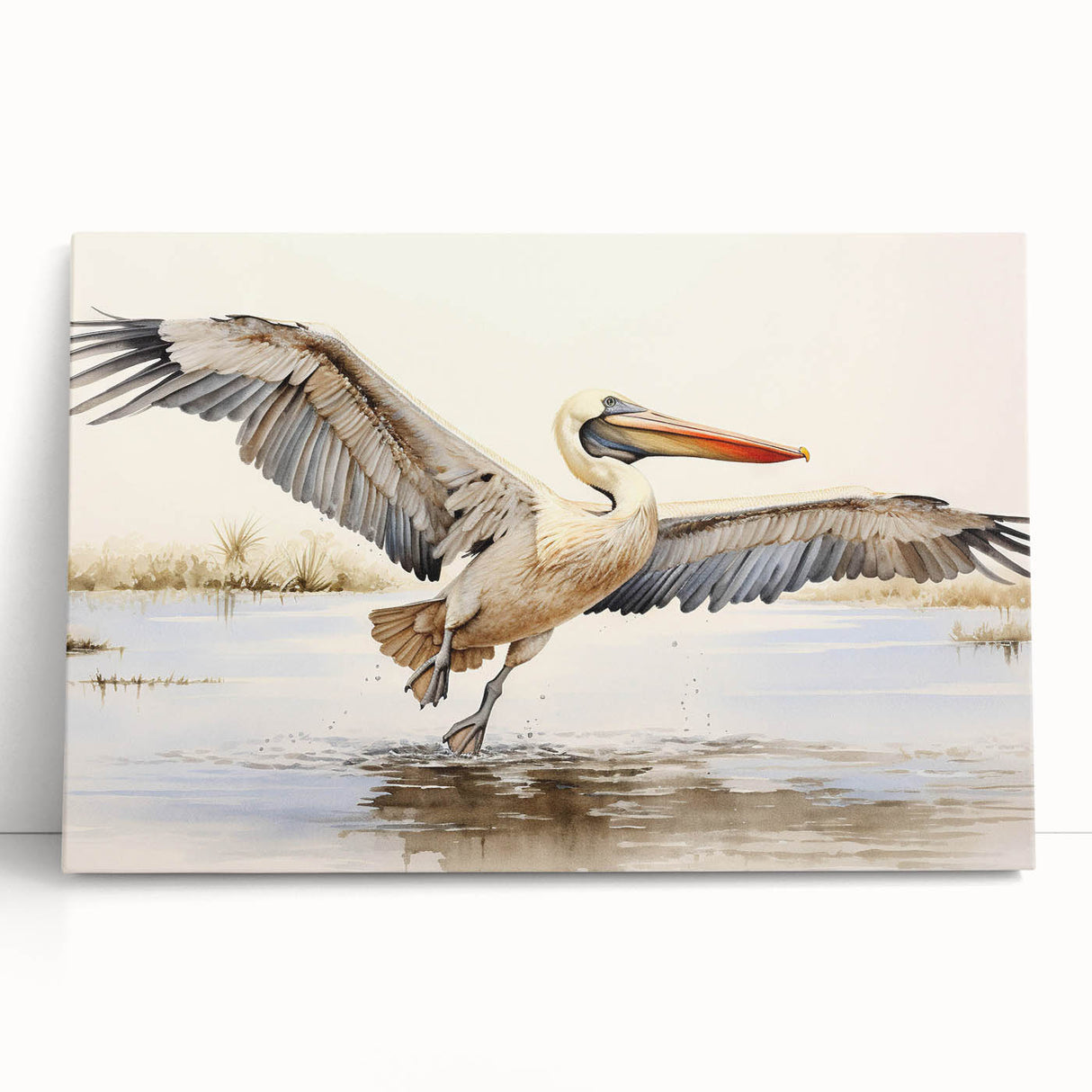 Stretched canvas wall art featuring a serene pelican design, showcasing soft pastel colors against a minimalistic background, perfect for coastal decor.