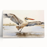 Stretched canvas wall art featuring a serene pelican design, showcasing soft pastel colors against a minimalistic background, perfect for coastal decor.