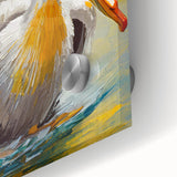 Close-up of a vibrant acrylic glass wall art piece depicting a pelican design, showcasing intricate details and vivid colors, perfect for enhancing modern decor.