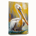 Side view of a pelican-themed wall art collection featuring vibrant acrylic glass design, elegantly displayed with decorative pins, ideal for enhancing coastal decor.