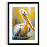 Framed black wall art featuring a pelican design, elegantly matted, showcasing intricate details and a modern aesthetic, perfect for coastal-themed decor.