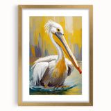 Pelican-themed wall art collection framed in gold with a mat, showcasing vibrant colors and intricate details, ideal for enhancing modern home decor.