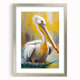 Elegant silver-framed wall art featuring a pelican design, complete with a mat, showcasing intricate details and vibrant colors, perfect for enhancing home decor.