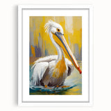 Framed wall art featuring a serene pelican design with a white mat, perfect for coastal decor. The artwork showcases soft colors and intricate detailing, ideal for enhancing home aesthetics.