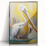 Framed acrylic wall art featuring a sleek silver pelican design with intricate details, ideal for modern home decor, showcasing elegance and tranquility.