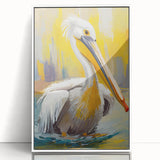 Framed wall art collection featuring a detailed pelican design in vibrant colors, showcasing a white frame and acrylic finish, ideal for coastal decor enthusiasts.