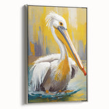 Framed wall art featuring a silver-framed side view of a pelican design, showcasing intricate details and vibrant colors, perfect for coastal-themed decor.