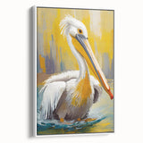 Framed wall art featuring a side view of a pelican design, set against a white background, ideal for coastal decor enthusiasts and nature lovers. This canvas adds a serene touch to home interiors, blending artistry with elegance.