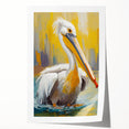 Colorful pelican wall art design featuring vibrant shades of blue, orange, and yellow, printed on rolled canvas for home decor enhancement, showcasing intricate details and textures. Perfect for coastal-themed interiors or bird lovers.